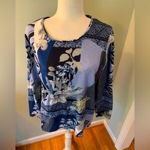 Chico's Blue and Black Floral Tunic, sz 2,(12-14)